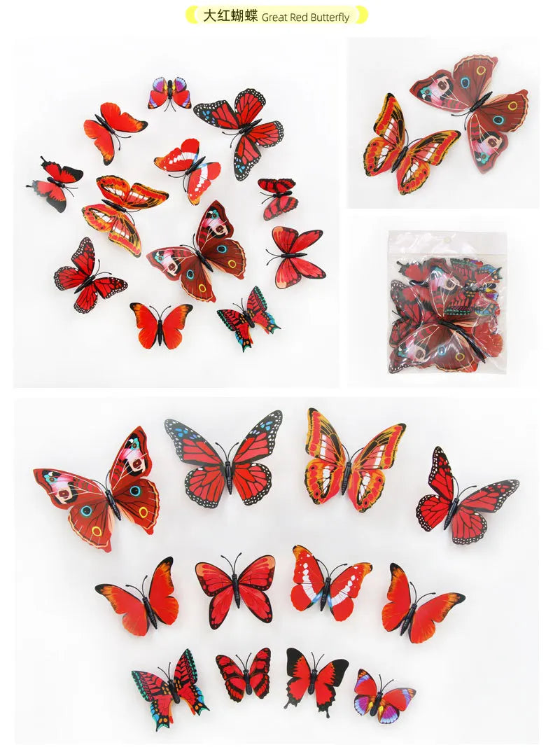 A collection of twelve colorful 3D butterfly wall stickers in various shades of red, orange, and pink.