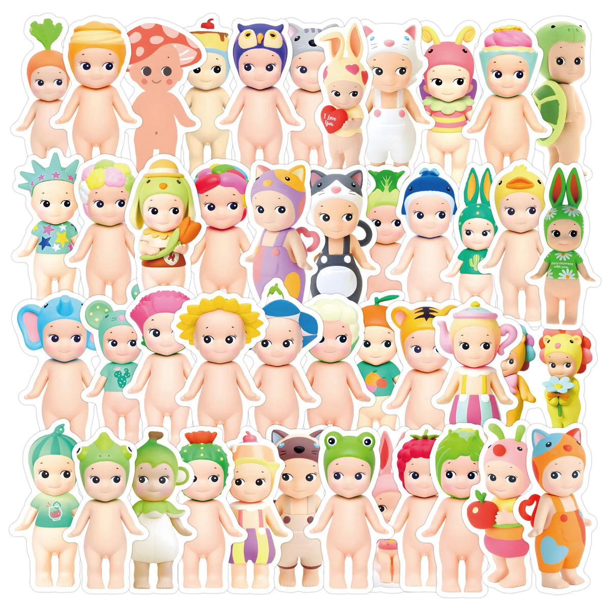 A collection of cute character decals and stickers featuring various animal and human-like figures in pastel colors.