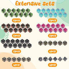 A collection of various sets of acrylic dice, including extensive sets of green, blue, pink, black, and gold dice.