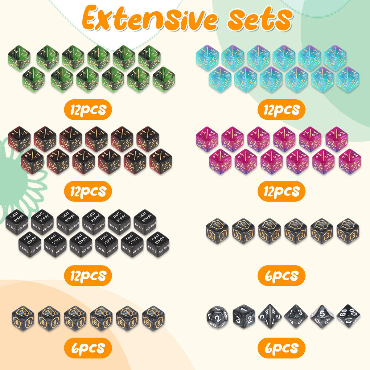 A collection of various sets of acrylic dice, including extensive sets of green, blue, pink, black, and gold dice.