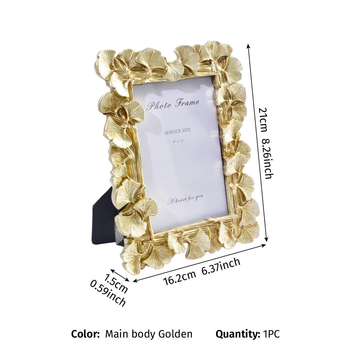 A gold leaf border photo frame with a white insert and black backing.