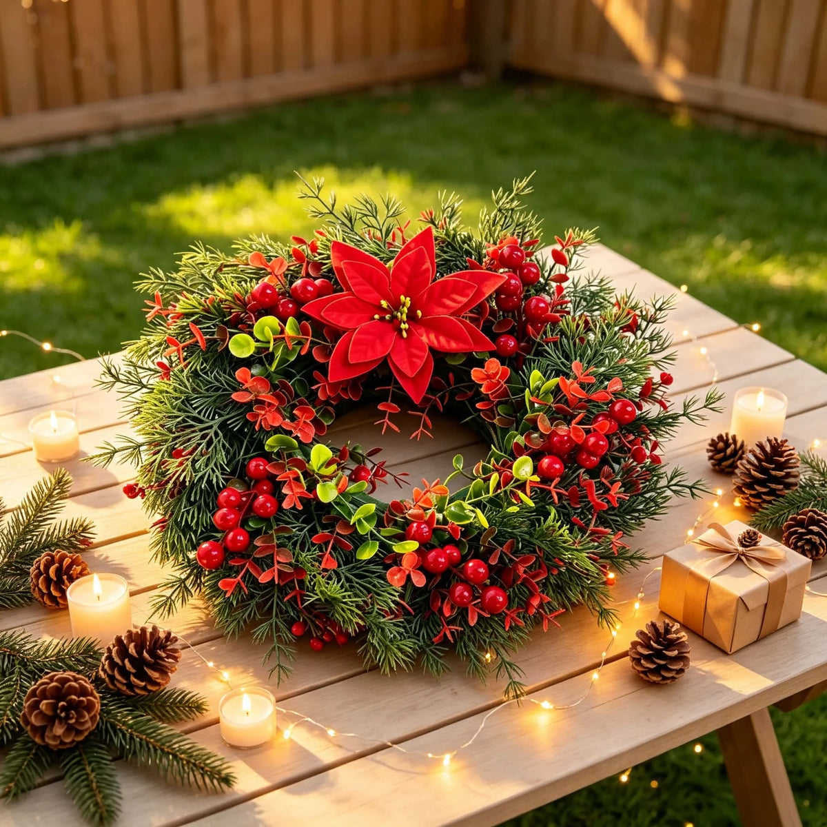 A festive wreath made of pine, eucalyptus, and red berries rests on a wooden table outdoors.