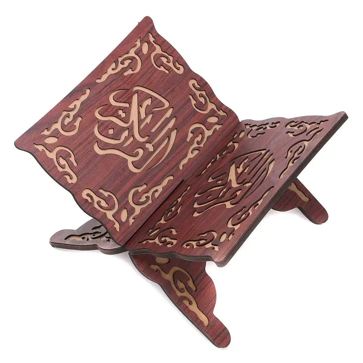 Handcrafted wooden Quran book stand featuring intricate arabesque carvings in a reddish-brown wood.