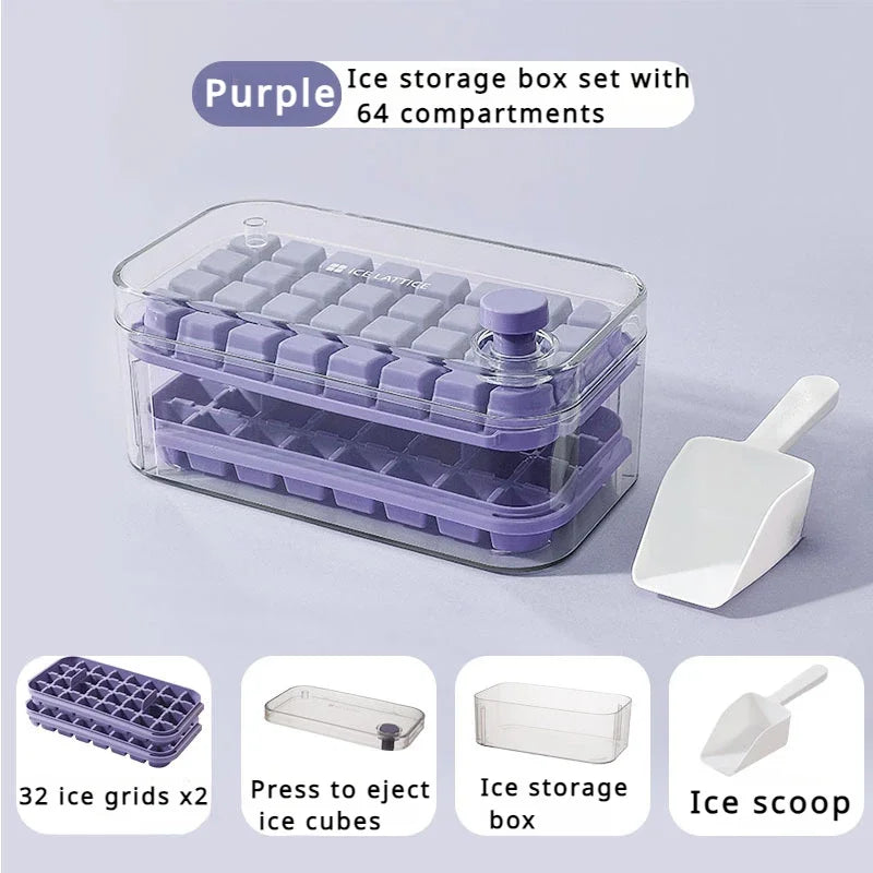 Purple ice storage box set with 64 compartments and an ice scoop shown next to the packaging.