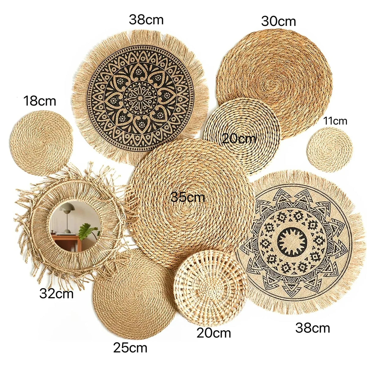 A collection of round boho straw wall hangings in various sizes and patterns.