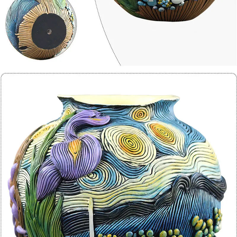 A colorful resin vase featuring swirling blue and yellow patterns resembling a starry night sky.