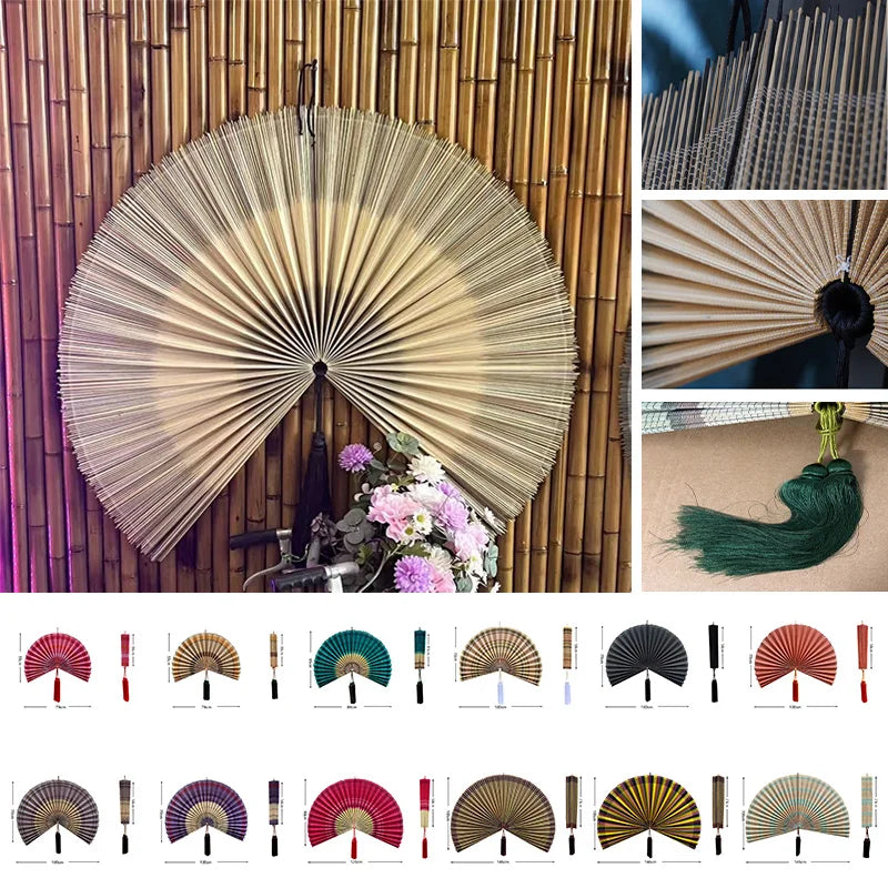 Handwoven bamboo wall fan decor featuring various shades of natural straw color and decorative tassels.