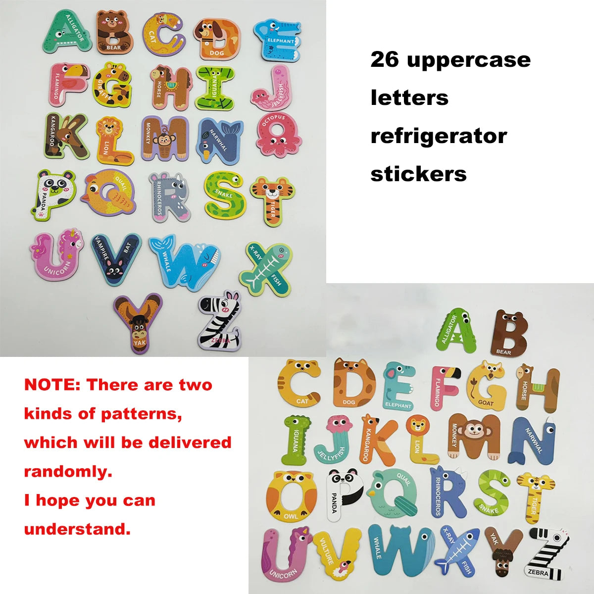 A collection of 26 uppercase letter magnets for a refrigerator, including letters like K, L, M, N, and ZEBRA.