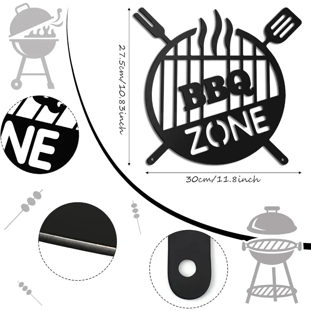 Black retro BBQ zone wall decor featuring a grill design and various decorative elements.
