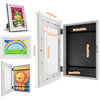A set of wooden picture frames, including a vertical display frame and a horizontal frame, for showcasing drawings and photos