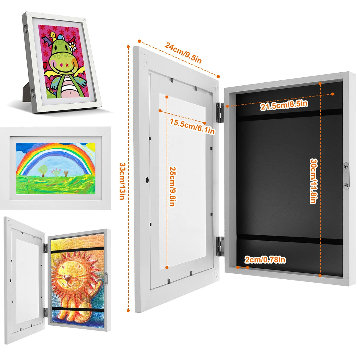 A set of wooden picture frames, including a vertical display frame and a horizontal frame, for showcasing drawings and photos