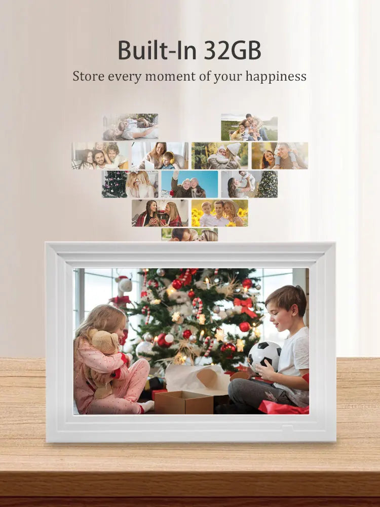 A white digital photo frame displaying a family enjoying a Christmas scene, with small photos arranged above it.