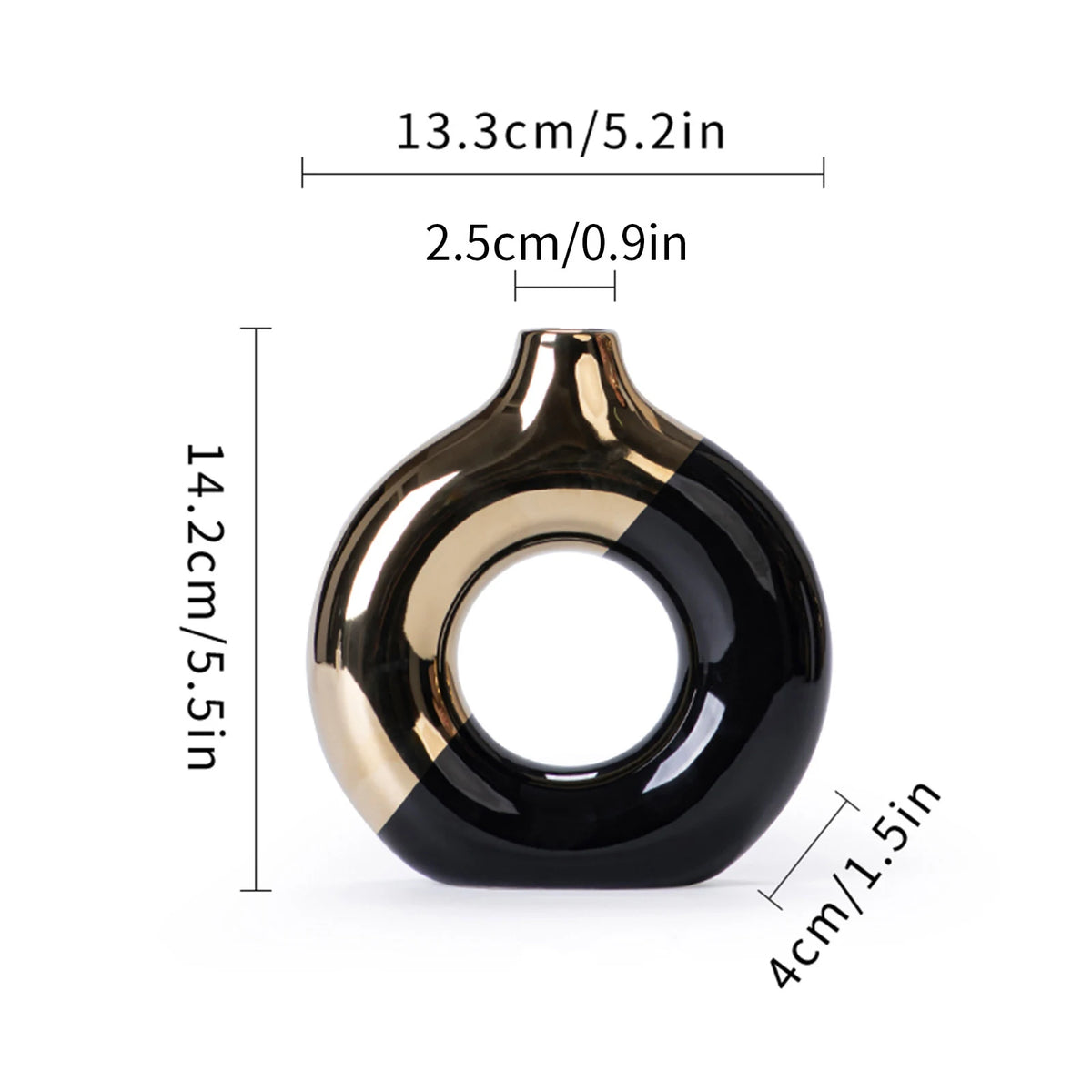 A black and gold ceramic ring-shaped vase with a curved neck.