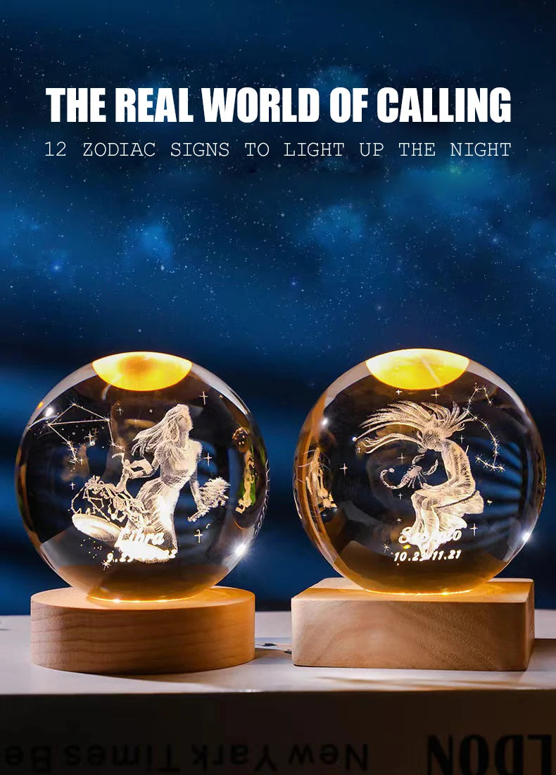 A glass crystal ball decoration with a glowing interior showing zodiac signs against a dark blue background.