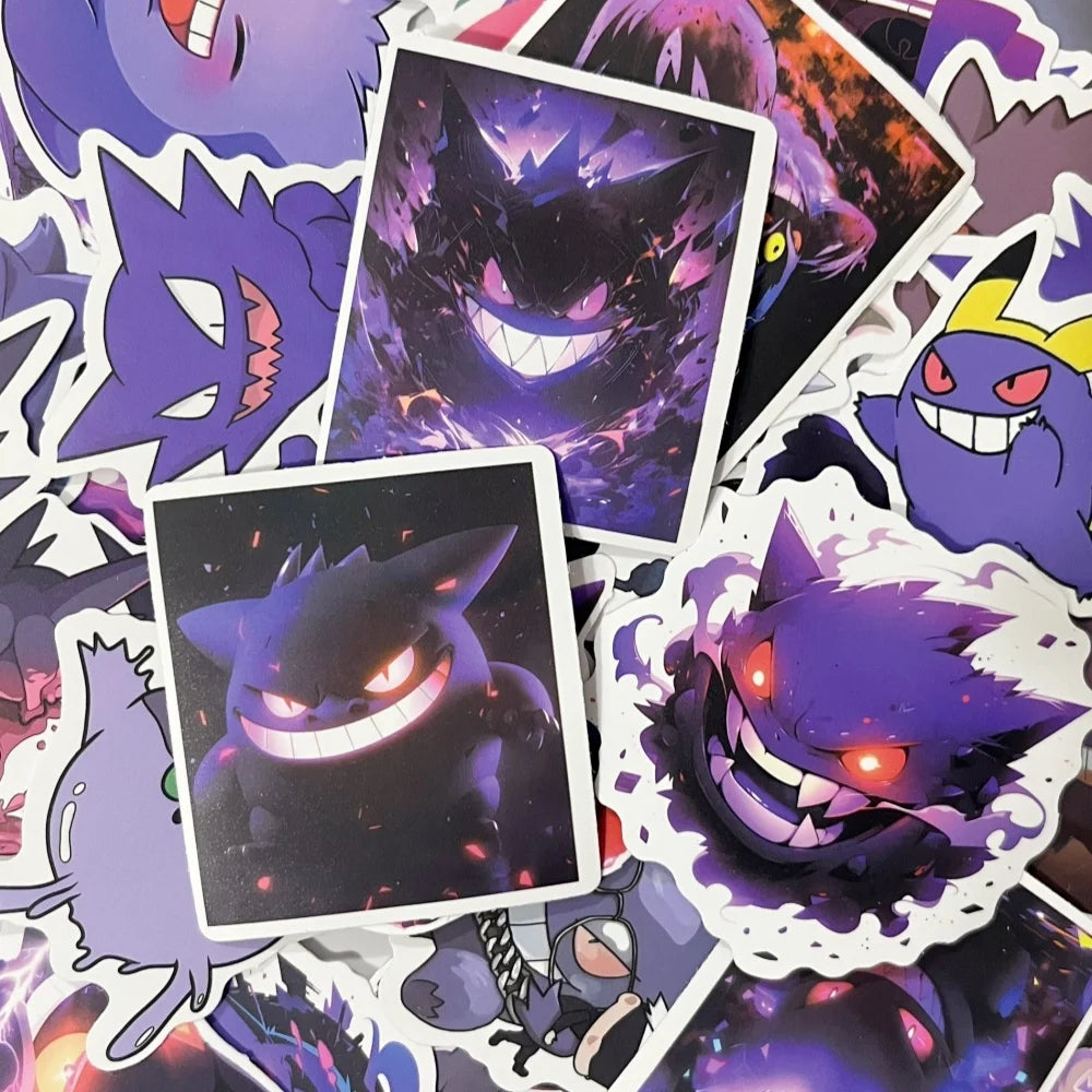 A collection of anime cartoon decals and stickers featuring various purple and dark-colored monster characters