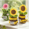 Hand crocheted sunflower bee potted ornaments in green and yellow yarn