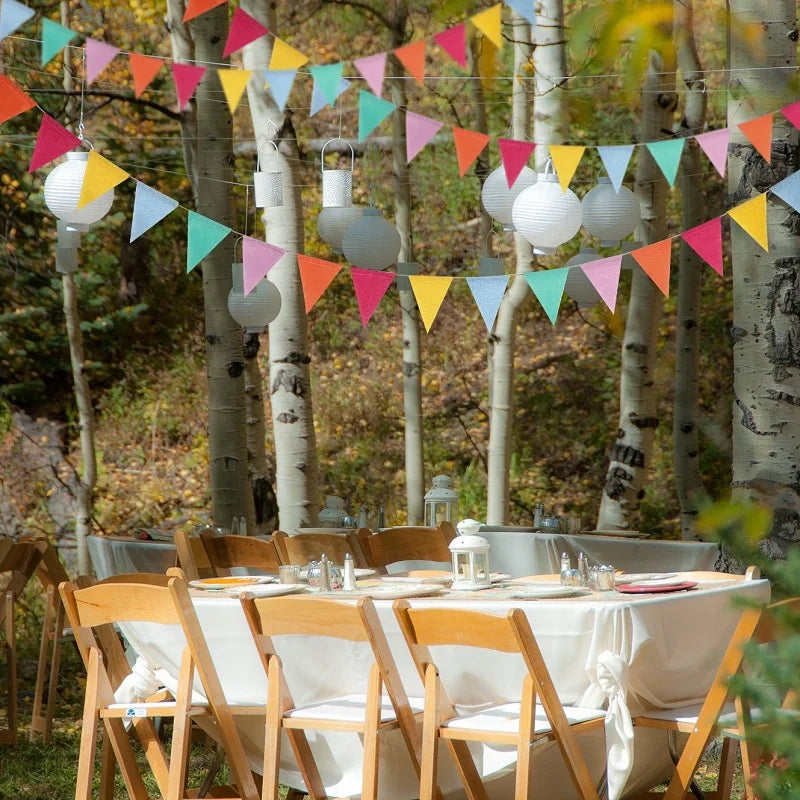 A string of colorful pennant banners hangs between birch trees in an outdoor setting.