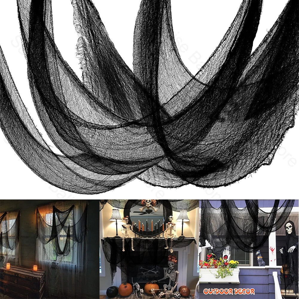 Black gauze fabric draped in flowing, spooky style for Halloween decorations