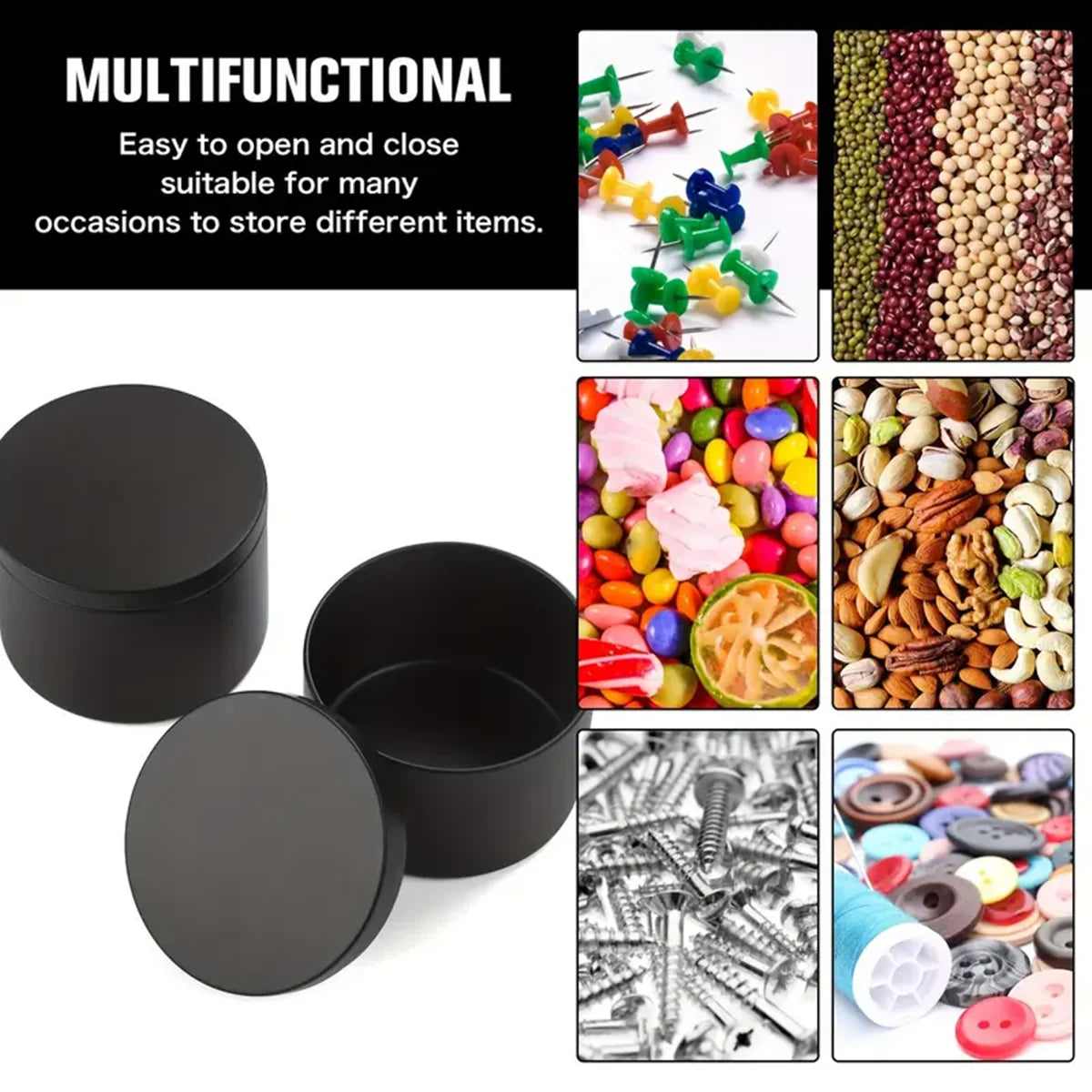 A set of multifunctional metal candle tins with lids shown alongside various stored items.