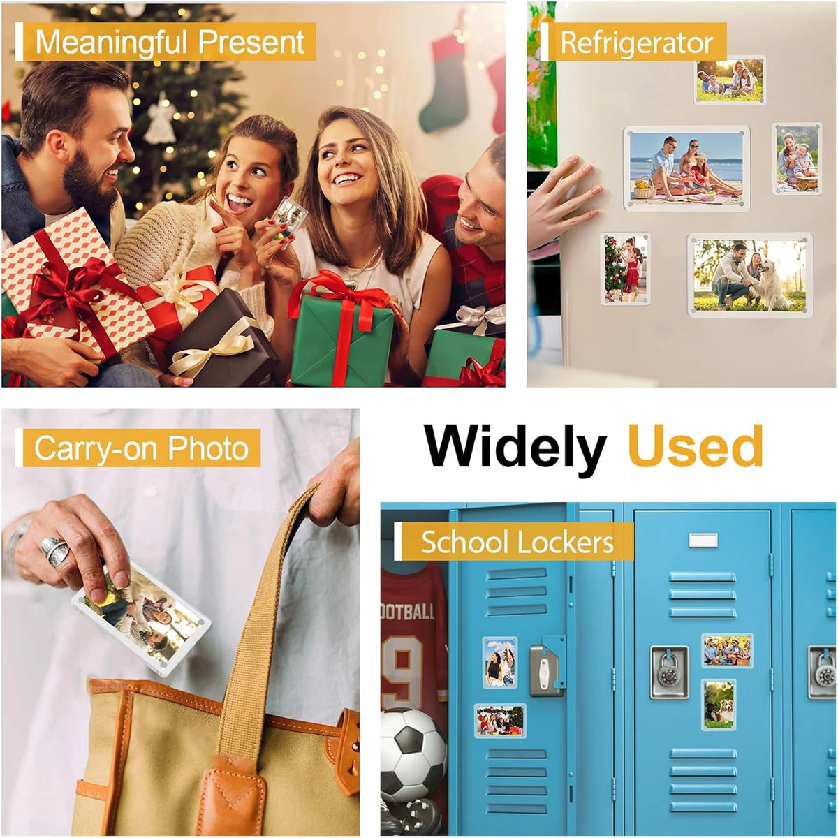 Clear acrylic magnetic photo frame displayed on a refrigerator door