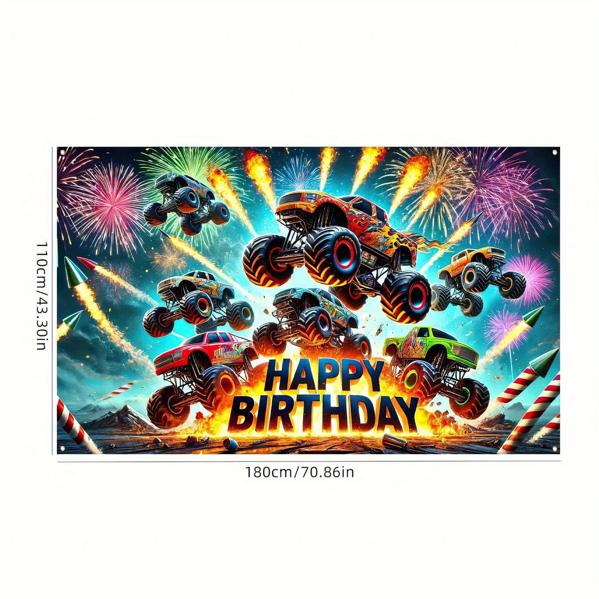 A vibrant banner featuring several monster trucks exploding with fireworks for a happy birthday celebration.