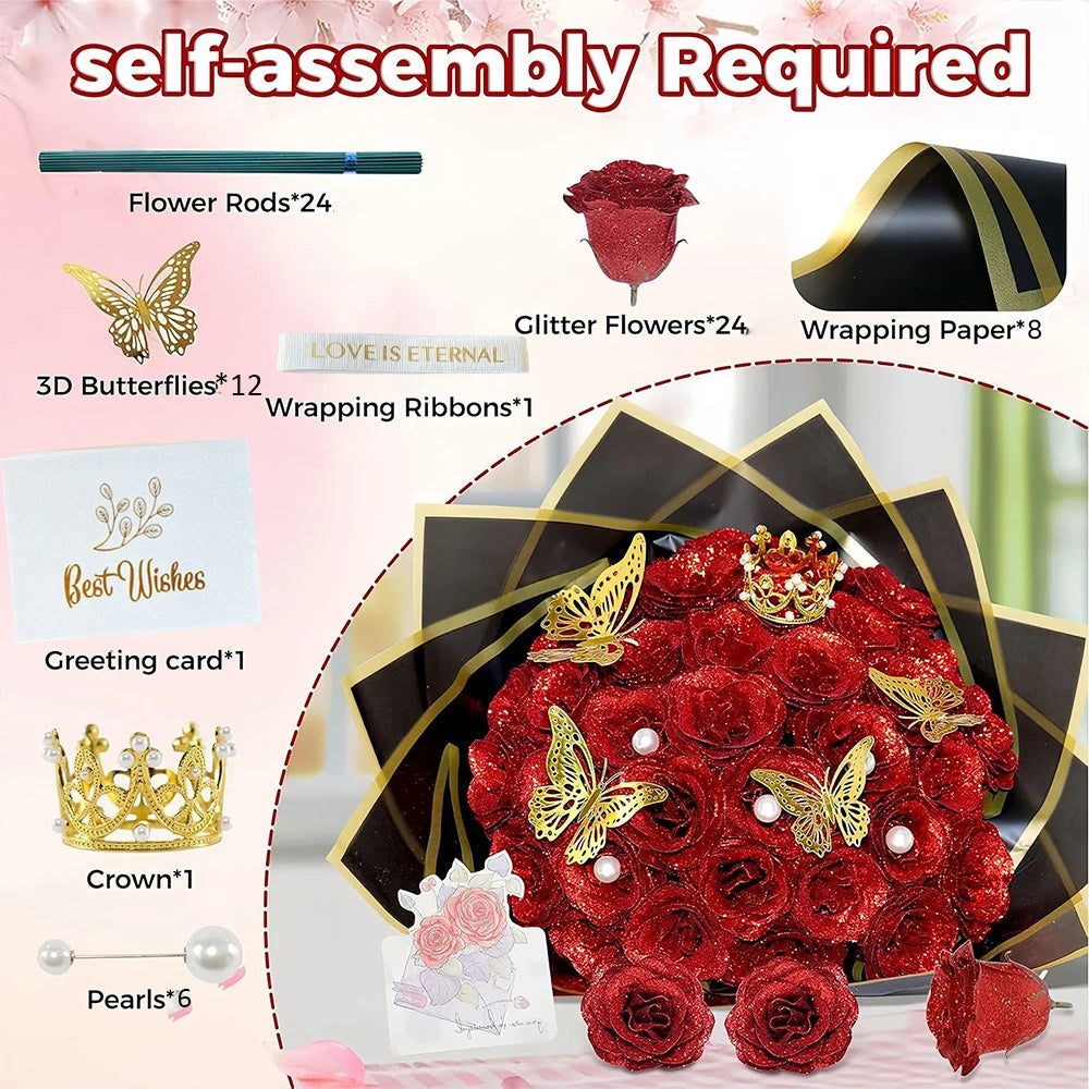 A self-assembly kit for a red glitter roses bouquet featuring flowers, ribbons, and wrapping paper.
