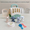 A collection of partial accessory colors and categories including a white pet basket, various dog figures, and a pink feeding