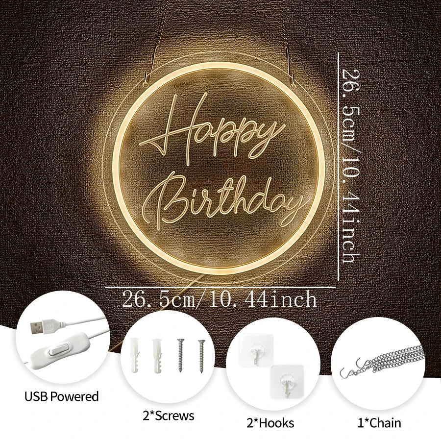 A round, glowing neon sign spelling Happy Birthday mounted on a dark brown surface with accessory details.