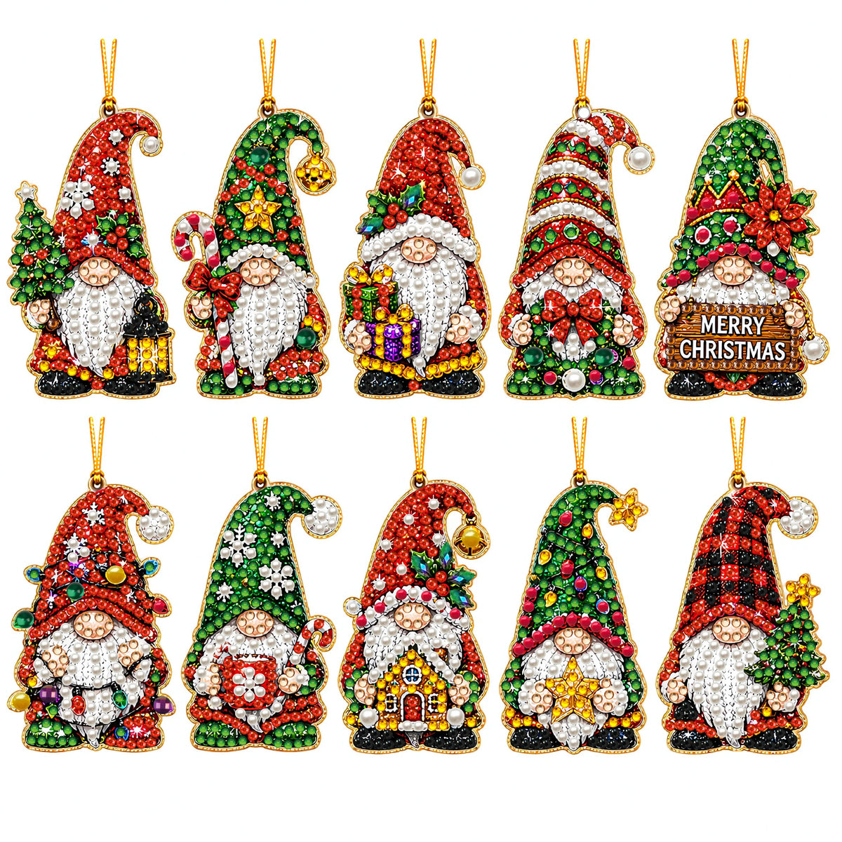 A set of Christmas diamond art ornaments featuring Santa, a snowman, and a reindeer in festive colors.
