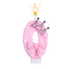 Pink bow crown birthday candles set with a lit wick and sparkling crown detail