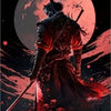 A silhouette of a samurai warrior in red armor stands against a large, glowing pink moon backdrop.