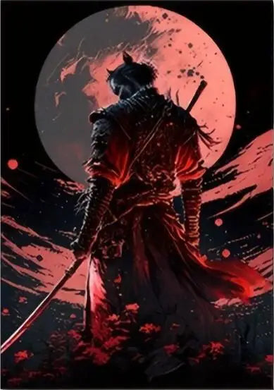 A silhouette of a samurai warrior in red armor stands against a large, glowing pink moon backdrop.