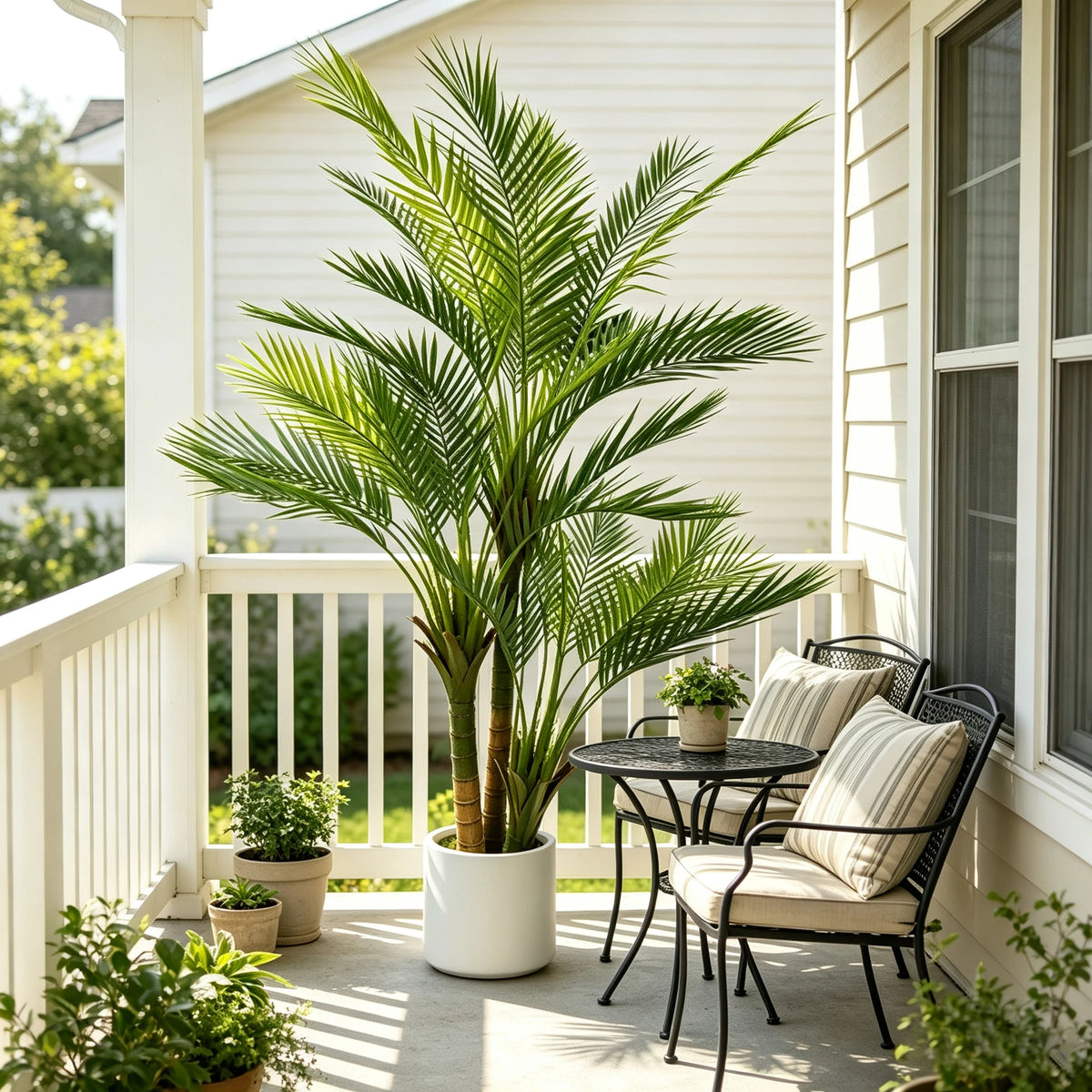 An artificial triple trunk palm tree in a white planter sits beside a window on a porch.