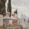 A soft, muted oil painting depicting a rural landscape with cypress trees and stone structures under a cloudy sky.