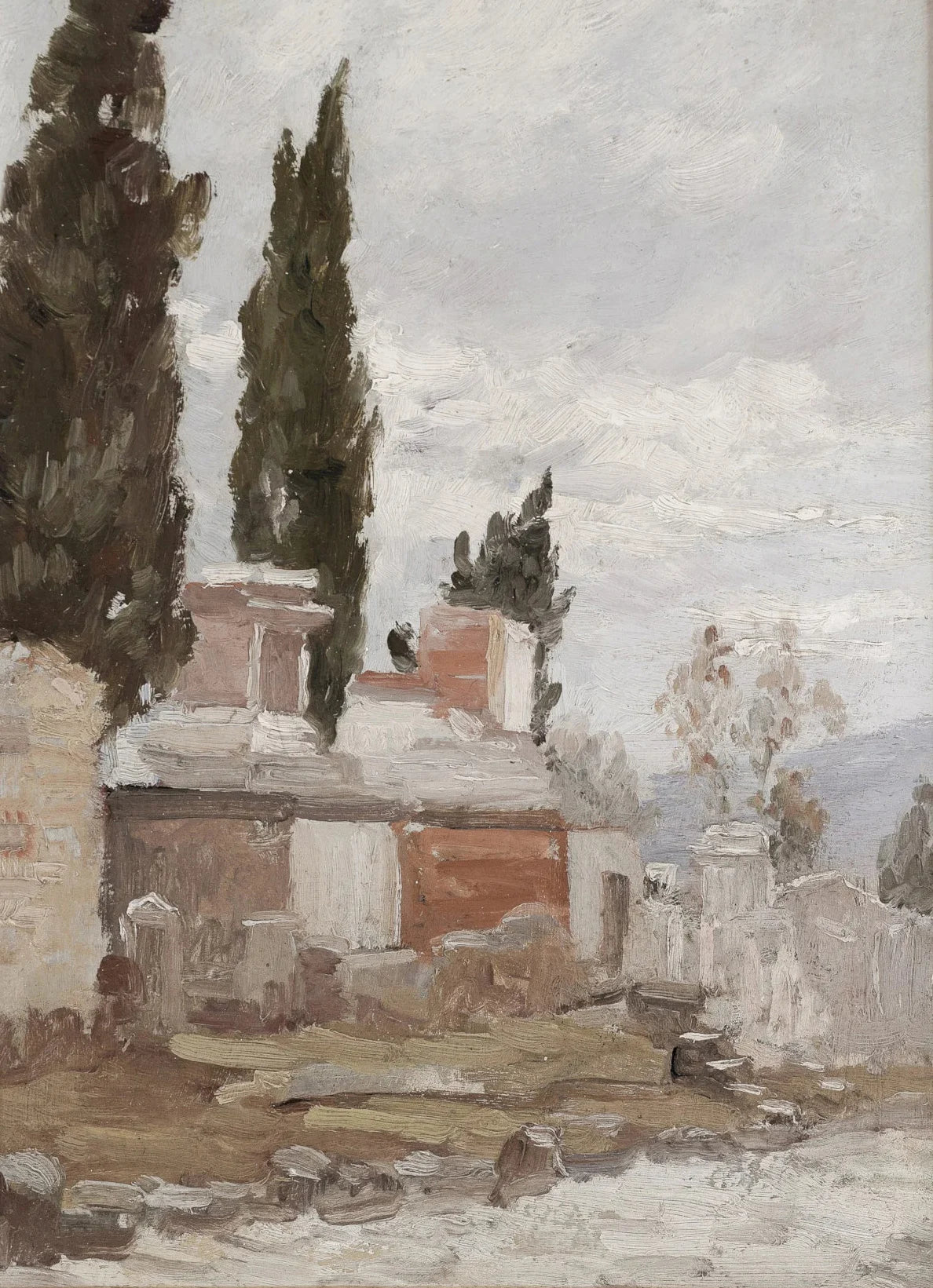 A soft, muted oil painting depicting a rural landscape with cypress trees and stone structures under a cloudy sky.