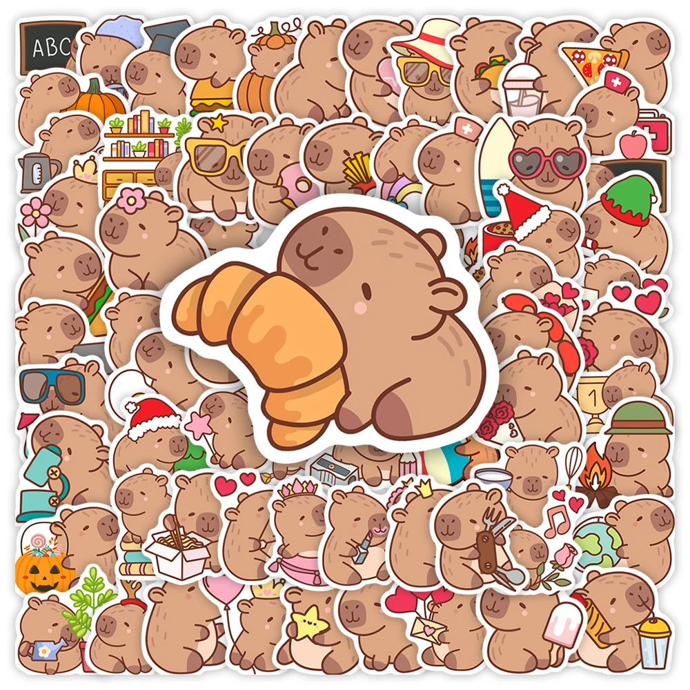 A collection of cute capybara decals and stickers in various poses and colors for crafts