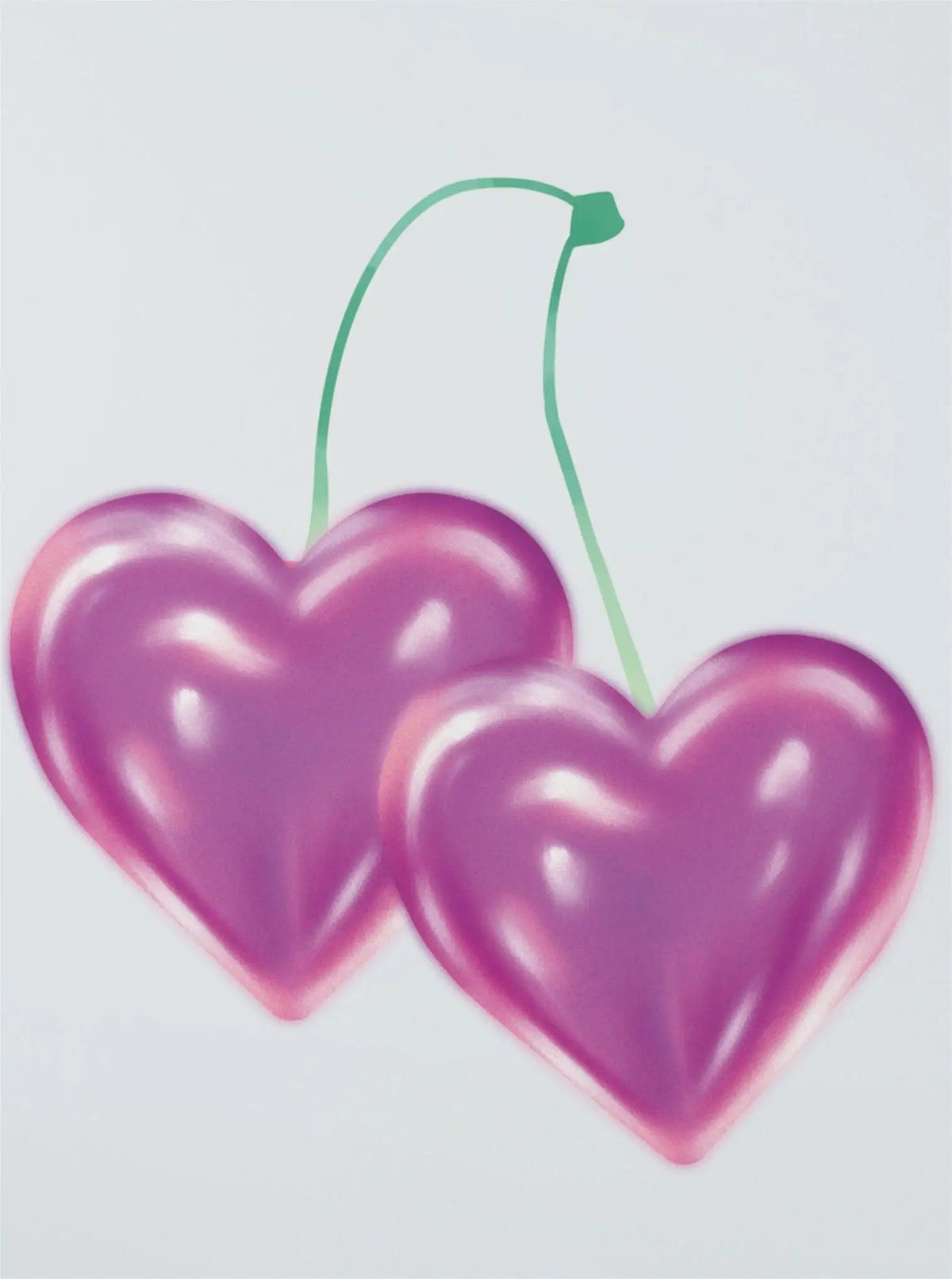 A pink heart-shaped canvas print featuring a swan and cherries, with a green string attached.