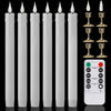 A set of white flameless LED taper candles with a remote timer displayed against a black background.