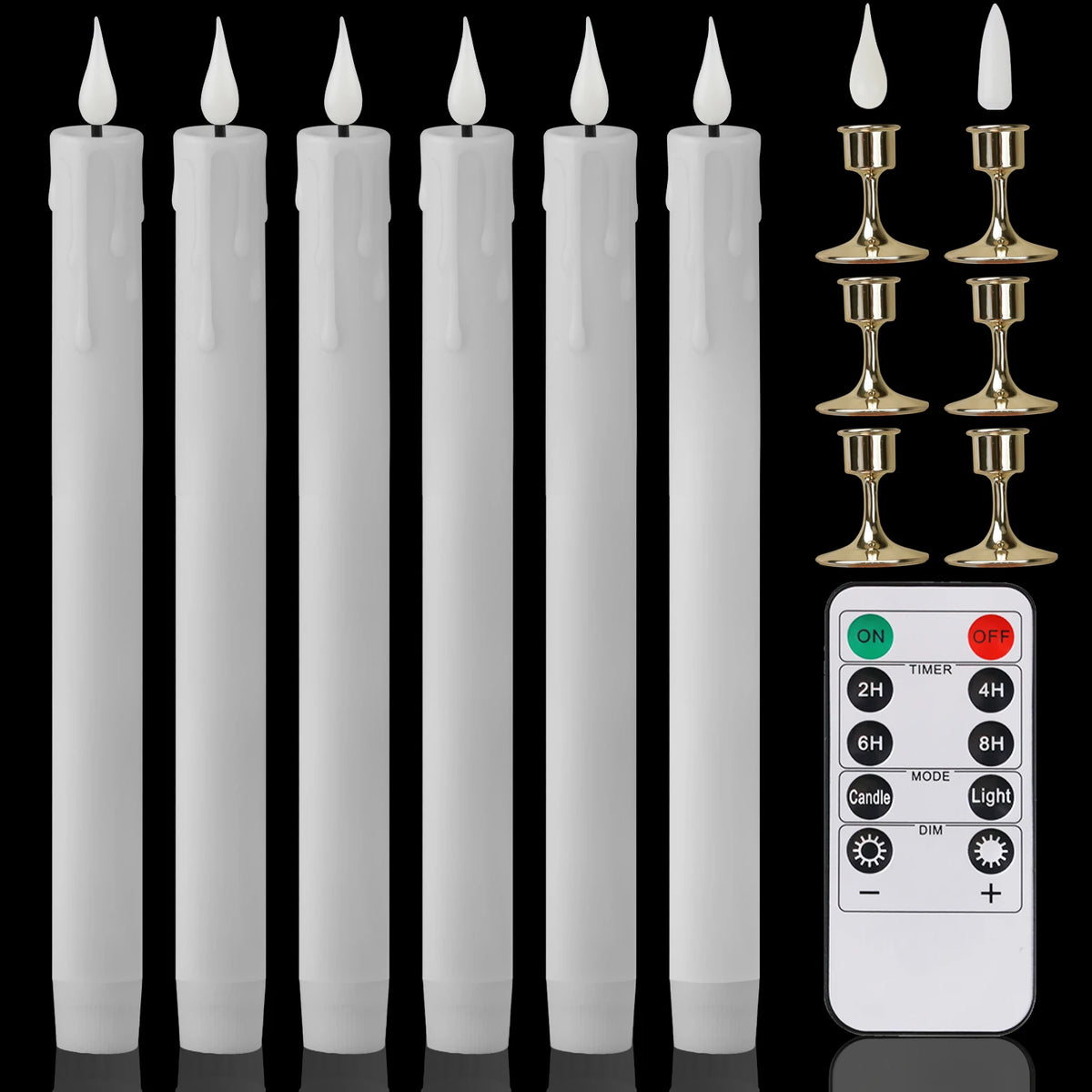 A set of white flameless LED taper candles with a remote timer displayed against a black background.