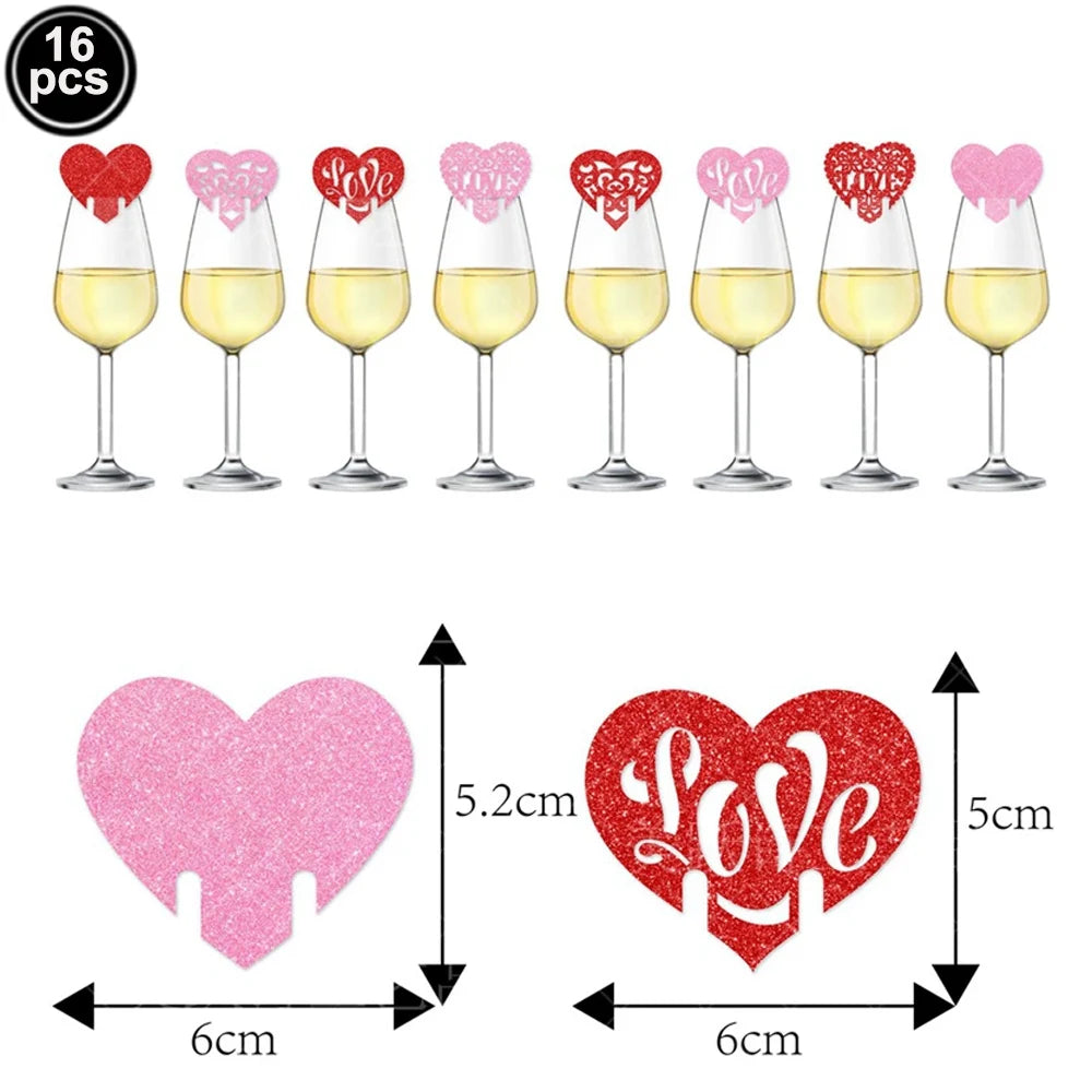 Set of 16 red heart letter balloons with foil finish and champagne flutes