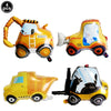 A set of four yellow construction vehicle themed party tableware items.