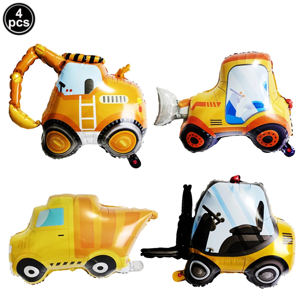 A set of four yellow construction vehicle themed party tableware items.