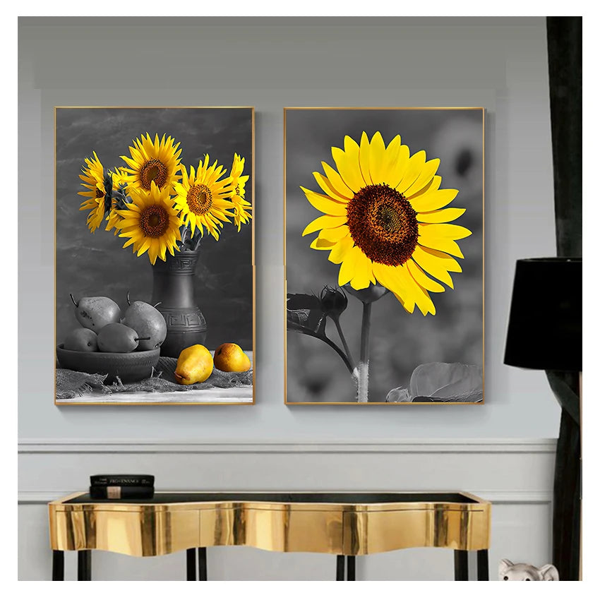A framed vintage sunflower canvas wall art print featuring bright yellow sunflowers against a dark background.