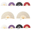 A collection of nine vintage lace hand fans in various colors including white, purple, black, and red.