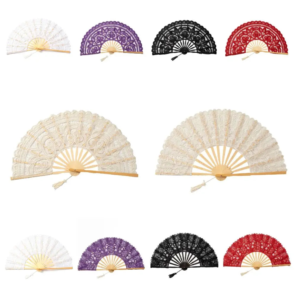 A collection of nine vintage lace hand fans in various colors including white, purple, black, and red.