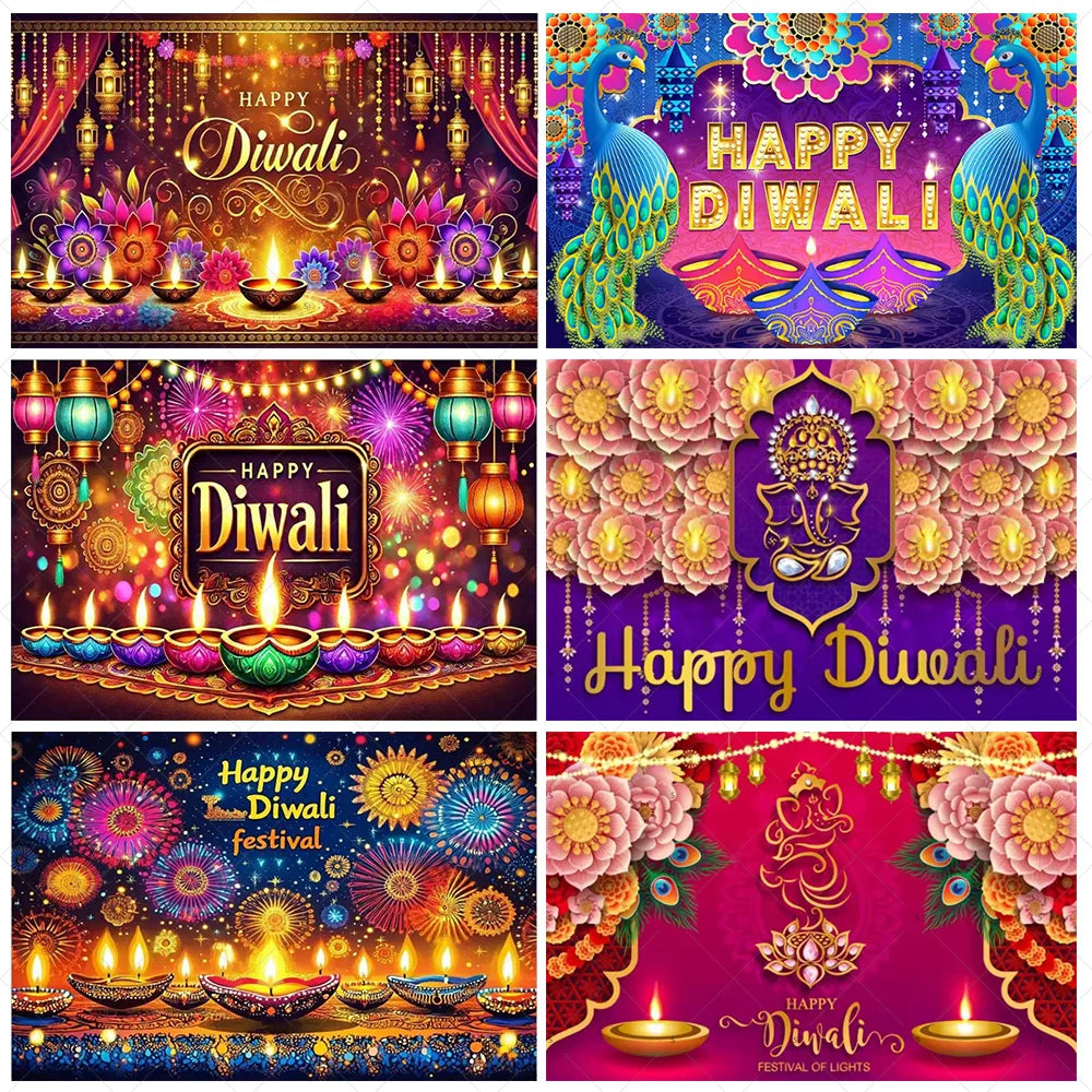 A collection of vibrant Diwali backdrop designs featuring traditional lamps, colorful patterns, and festive lighting.