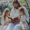 A painting depicting Jesus reading a Bible with two young girls in a lush, flowering garden.