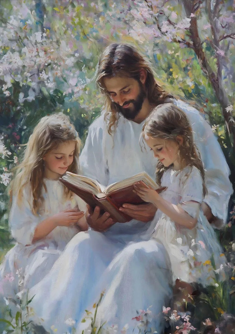 A painting depicting Jesus reading a Bible with two young girls in a lush, flowering garden.