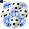 A pack of ten black and white soccer ball shaped latex balloons for party decorations