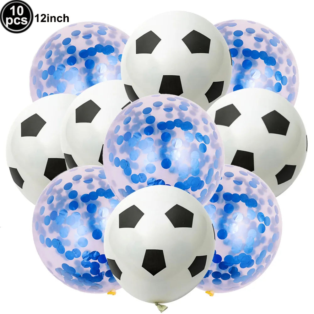 A pack of ten black and white soccer ball shaped latex balloons for party decorations
